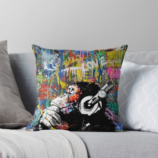 Discover Monkey Thinker - Banksy Urban Contemporary Colorful Street Art -  DJ Chimp Pillow