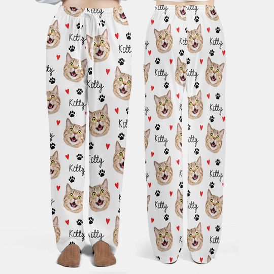 Discover Custom Pet Face Satin Pajamas Pants, Pj Pants for Women Kids Pet Lover Gift