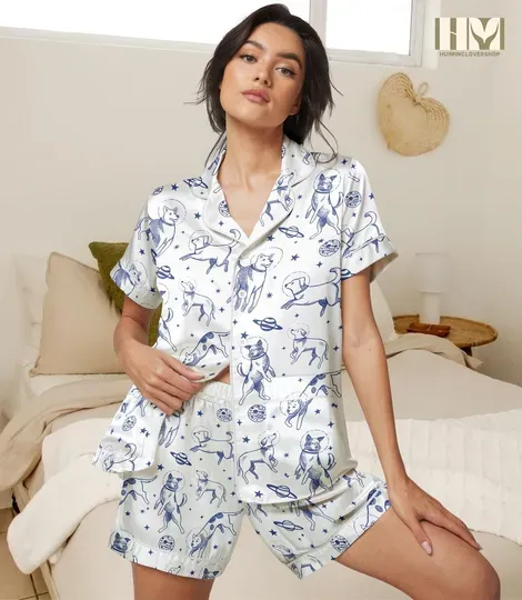Dog Astronaut Short Satin Pajamas Set with Pocket, Vintage Dog Sleepwear for Women