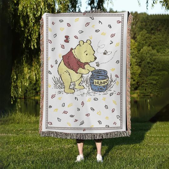 Vtg Disney Winnie the Pooh Woven Throw Tapestry Blanket Hunny USA 35"x46"