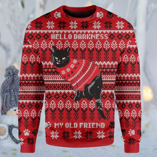 Hello Darkness My Old Friend Black Cat Ugly Christmas Sweater, Goth Humor Winter Gift Idea