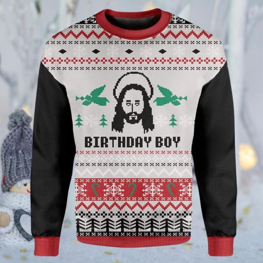 Discover Birthday Boy Jesus Ugly Christmas Sweater for Adults, Funny Religious Xmas Jumper, Unisex Crewneck Holiday Pullover with Retro Pixel Knit