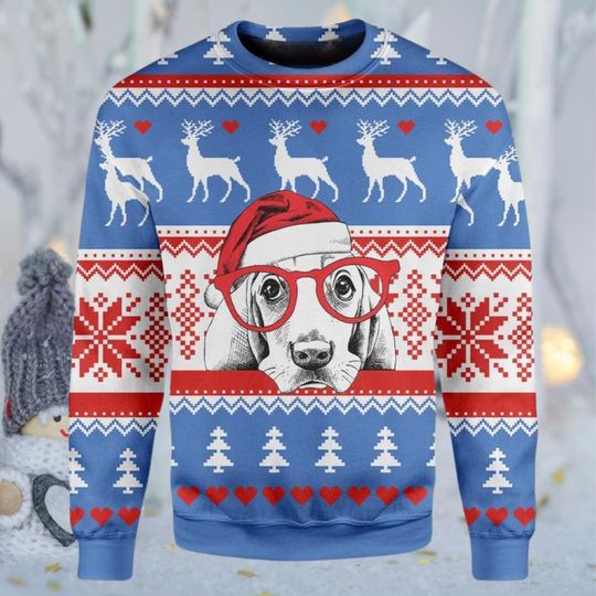 Discover Blue Ugly Christmas Sweater with Dog in Santa Hat and Red Glasses, Reindeer and Snowflake Fair Isle, Unisex Funny Holiday Crewneck Gift