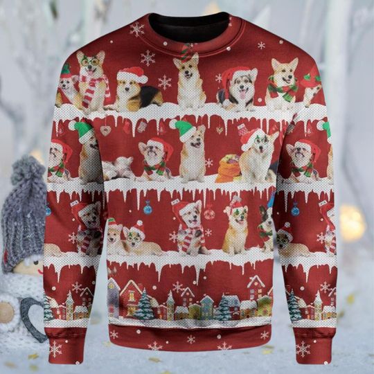 Cute Dogs in Santa Hats  Red Ugly Christmas Sweater, Funny Pet Lover Gift