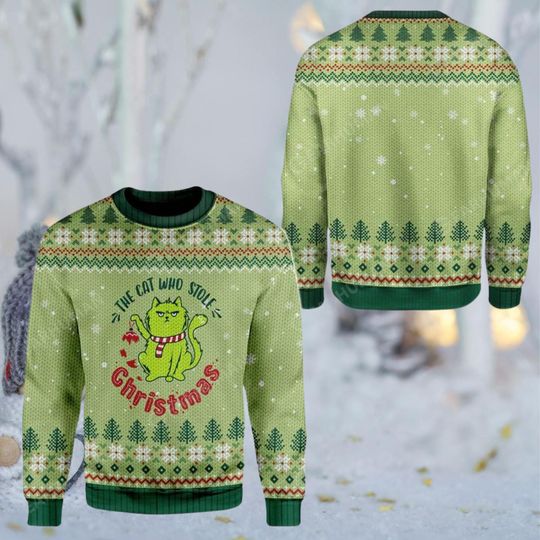 Discover Funny Cat Who Stole Christmas Ugly Sweater, Green Knit Look Unisex Crewneck, Cat Lover Holiday Pullover, Cute Xmas Jumper, Snow Tree Print