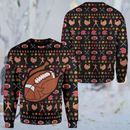 Funny Turkey Football Ugly Thanksgiving Sweater for Fans, Fall Leaves Pattern, Game Day Knit Pullover, Friendsgiving Party Gift