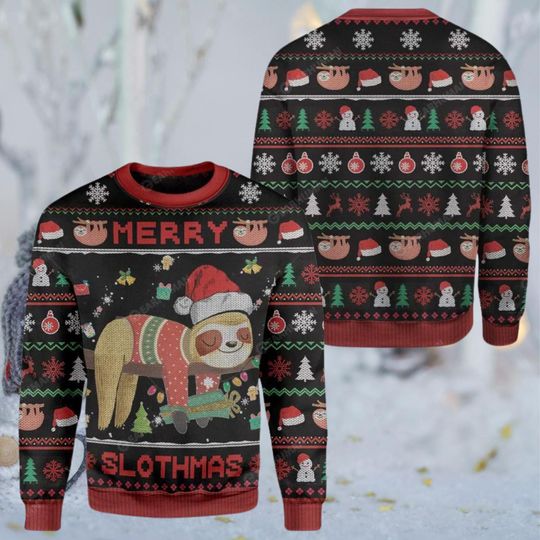 Discover Merry Slothmas Ugly Christmas Sweater, Cute Sloth Santa All Over Knit Look Unisex Crewneck Holiday Pullover, Funny Sloth Xmas Gift