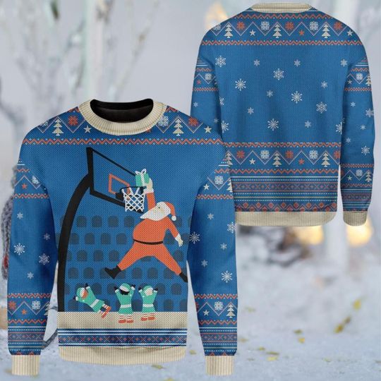 Discover Santa Dunking Basketball Ugly Christmas Sweater, Blue Snowflake Knit Look, Funny Unisex Holiday Crewneck for Hoops Fans, Festive Party Gift