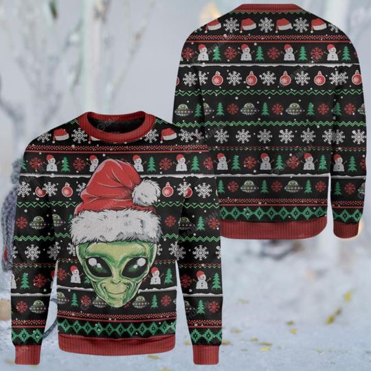 Discover Alien Santa Ugly Christmas Sweater, Unisex Crewneck Holiday Pullover, Funny Space Xmas Knit Pattern, Black Red Green Winter Party Top