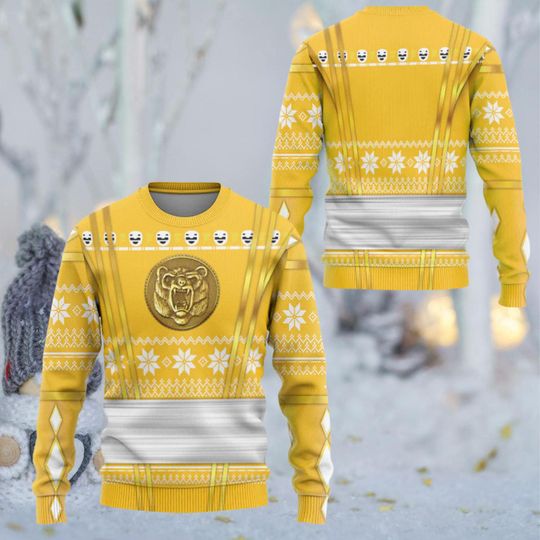 Discover Golden Warrior Bear Emblem Ugly Christmas Sweater, Yellow Fair Isle Cosplay Pullover Jumper, Unisex Knit, Winter Party Gift for Fans