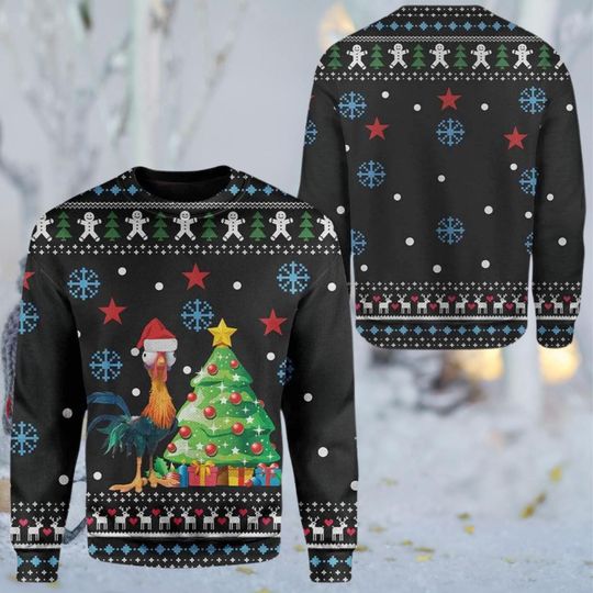 Discover Ugly Christmas Sweater with Rooster in Santa Hat and Christmas Tree, Funny Holiday Pullover, Cozy All Over Print Knit