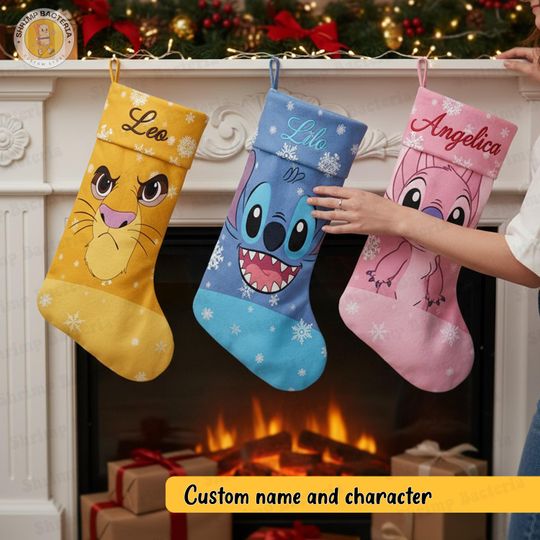 Discover Custom Name Disney Character Christmas Stocking 2025, Personalized Mickey Minnie Stitch Angel Pooh Simba Stocking Disney Xmas Gift For Child