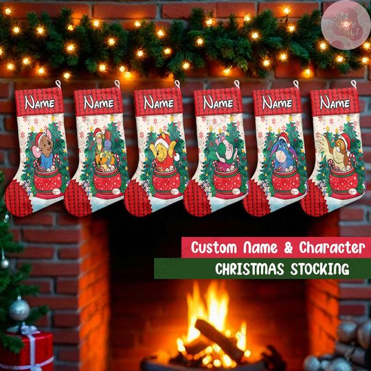 Custom Winnie the Pooh Xmas Stocking, Personalized Pooh Bear Gingerbread Stockings, Custom Name Holiday Stocking with Tigger, Piglet &Eeyore