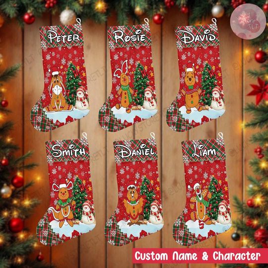 Custom Winnie the Pooh Xmas Stocking, Personalized Pooh Bear Gingerbread Stockings, Custom Name Holiday Stocking with Tigger, Piglet &Eeyore