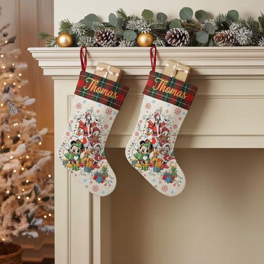 Discover Personalized Retro Disney Christmas Stocking, Custom Stocking With Name, Characters Christmas Socks Home Decoration, Mickey Christmas Socks