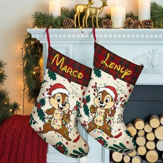 Discover Personalized Chip and Dale Stocking, Double Trouble Christmas, Disney Christmas Stockings With Name, Custom Holiday Fireplace Decor