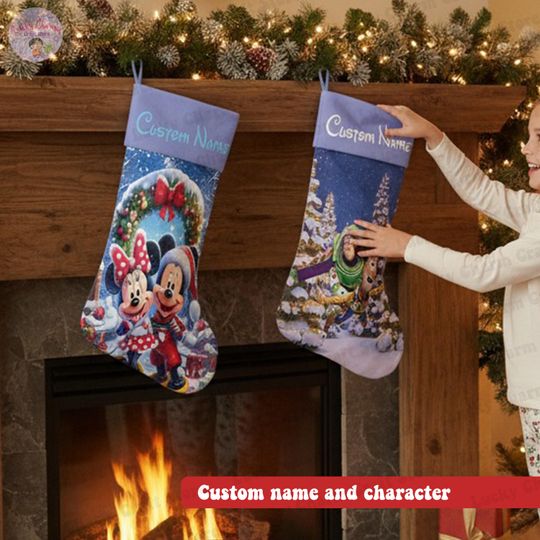 Discover Custom Name Disney Couple Christmas Stockings 2025, Personalized Mickey Minnie Toy Story Lion King Frozen Stitch Cars Besties Xmas Gifts