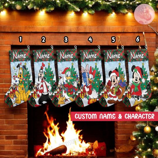 Discover Personalized Multi-character Mickey & friends Stocking, Buffalo Plaid Christmas Stockings With Name, Disney Family Christmas Gifts 2024