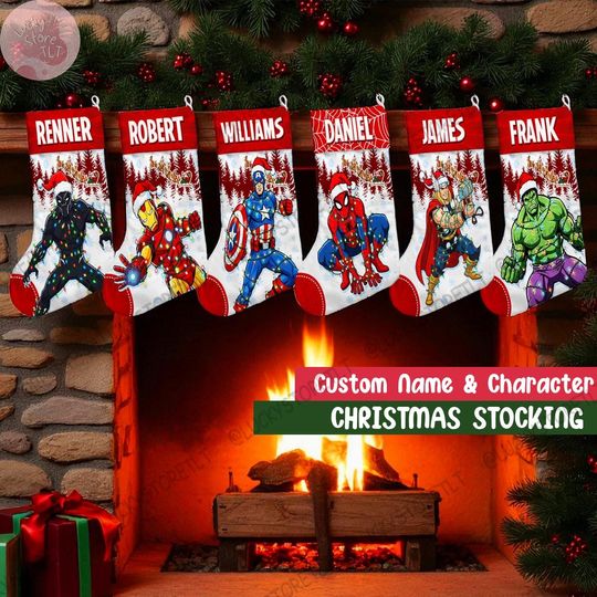 Discover Personalized Marvel Ironman Spiderman Stocking With Name, Superhero Characters Disney Christmas Stocking, Disney Family Christmas Gifts 2025