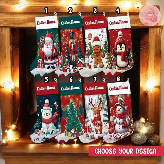 Custom Traditional Kids Family Couple Christmas Stocking, Personalized Santa Reindeer Snowman Penguin Bear Stockings, Holiday Stocking 2024