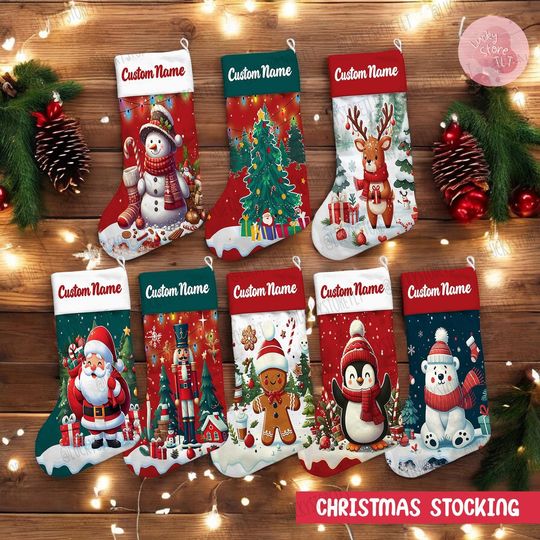 Custom Name Kids Family Couple Christmas Stocking, Personalized Santa Reindeer Snowman Penguin Polar Bear Stockings, Holiday Stocking 2024