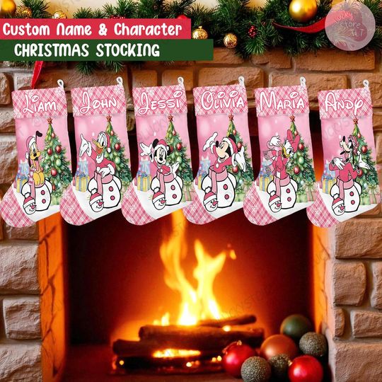 Discover Personalized Multi-character Mickey & friends Pink Stocking, Pink Christmas Stockings With Name, Disney Family Pink Christmas Gifts 2025
