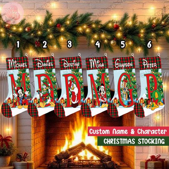 Discover Personalized Multi-character Mickey & friends Stocking, Buffalo Plaid Christmas Stockings With Name, Disney Family Christmas Gifts 2025