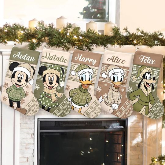 Discover Custom Mickey Friends Xmas Stocking With Name, Disney Characters Christmas Socks Home Decoration, Funny Disney Fireplace Decor