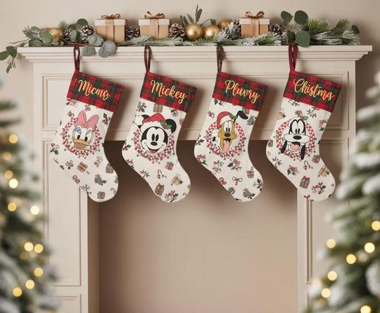 Discover Personalized Disney Stockings, Mickey Minnie Pluto Goofy Christmas Stocking, Custom Name Holiday Fireplace Decor, Disney Christmas Decor