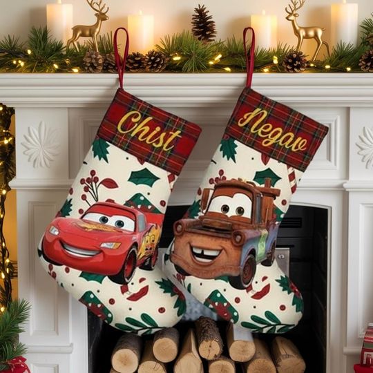 Discover Personalized Cars Christmas Stocking, Lightning McQueen Mater Stockings With Name, Disney Pixar Holiday Decor