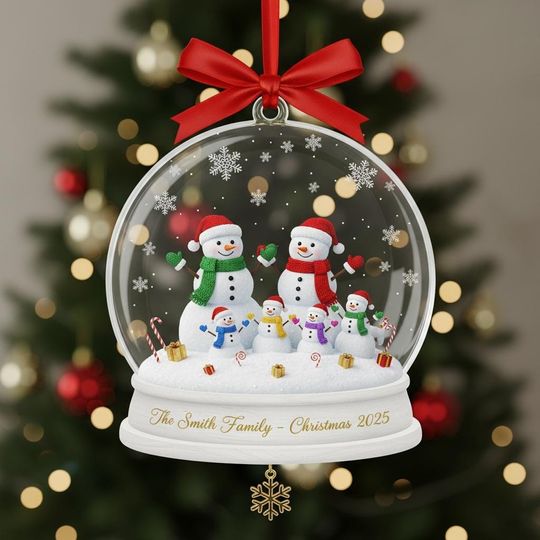 Custom Snowman Family Ornament, Personalized Snow Globe Christmas Ornament, Family Name Keepsake 2025, Holiday Tree Decoration