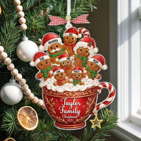 Custom Gingerbread Family Ornament, Personalized Hot Cocoa Cup Christmas Ornament, Family Name Keepsake 2025, Holiday Tree Decoration