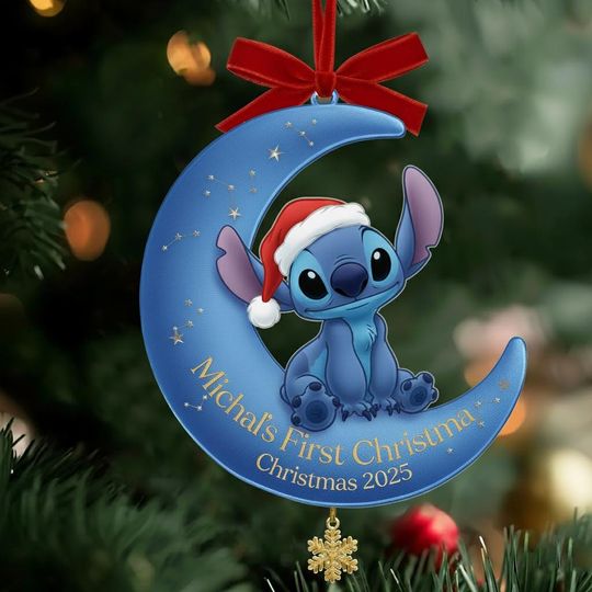 Discover Custom Babys First Christmas Stitch Ornament, Personalized Disney Ornament 2025, Lilo and Stitch Crescent Moon Keepsake, Disney Baby Gift