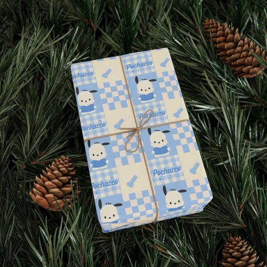 Wrapping Paper, Blue Checkered Pochacco Design for Gift Wrapping, Birthday, Baby Shower, Holidays, Special Events