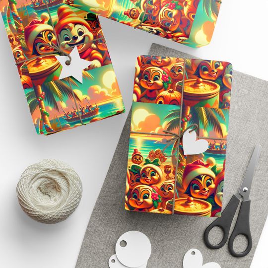 Wrapping Papers, Christmas Gift Wrapping for Kids, Moana Island Friends Holiday Decor, Festive Wrapping Sheets, Tropical Xmas Paper Roll,