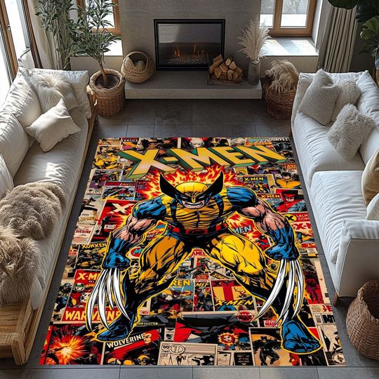 XMen Rug, Comic Book Carpet, Superhero Decor, Wolverine Rug, Retro Comic Art, Pop Art Rug, Geek Room Decor, Hero Theme Carpet,Nerd Gift Idea