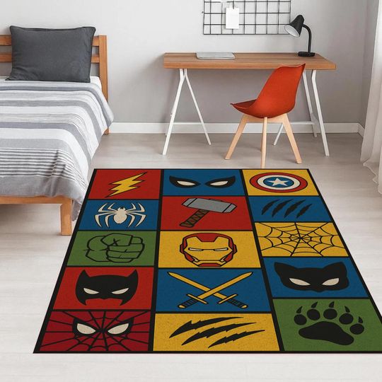 Superhero Kids Rug: Washable Comic Book Playroom Carpet, Marvel Style Boys Room Mat, Non-Slip Cartoon Area Rug
