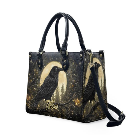 Gothic Raven Handbag, Black Crow Moonlight Purse, Witchy Faux Leather Tote and Clutch