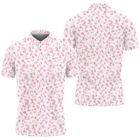 Pink Rosebud Women's Polo Shirt, Floral Short Sleeve Golf Top for Spring and Summer