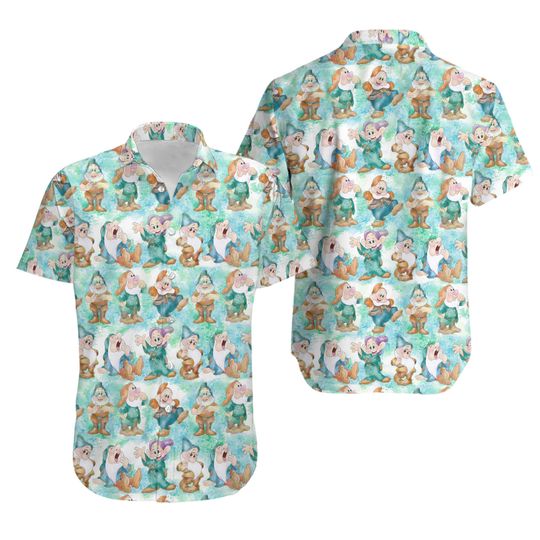 Seven Dwarfs Hawaiian Shirt and Shorts, Cute Disney Matching Vacation Outfit, Seven Dwarfs Button Shirt, Cartoon Beachwear Gift for Him
