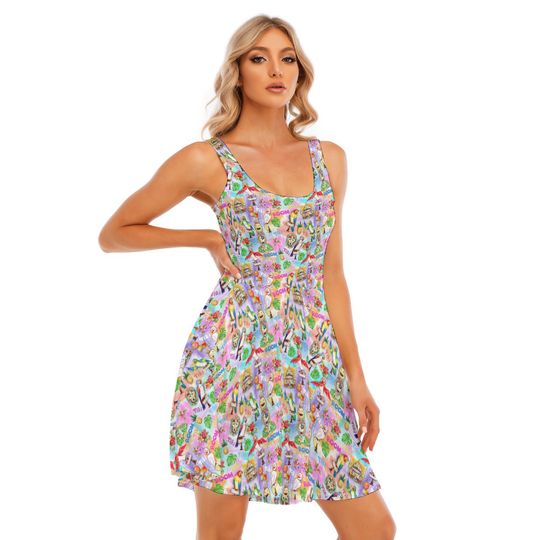 Tiki room ride parks inspired print skater rainbow dress-   plus size