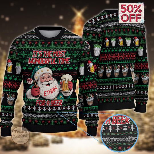 Discover It's The Most Wonderful Time for A Beer Ugly Sweater, Custom Name Santa Beer Christmas Sweater, Holiday Seasonal for Beer Lovers