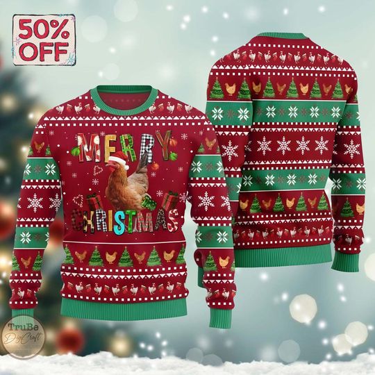 Discover Funny Christmas Chicken Ugly Sweater, Festive Farmhouse Sweater