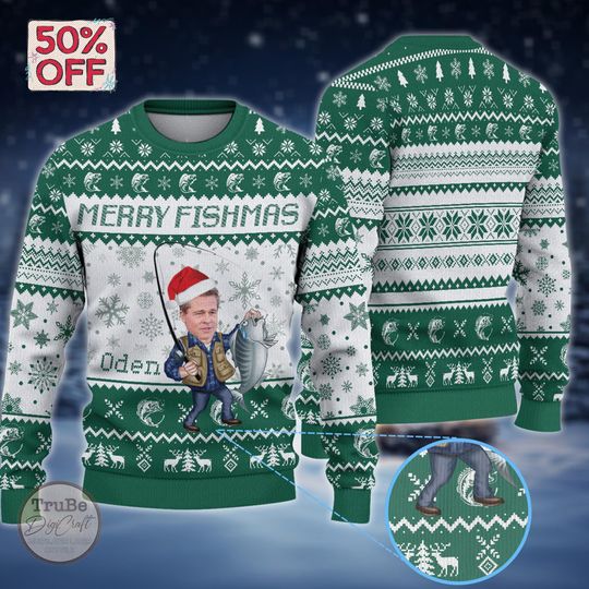Personalized 'Merry Fishmas' Ugly Christmas Sweater, Fishing Gift