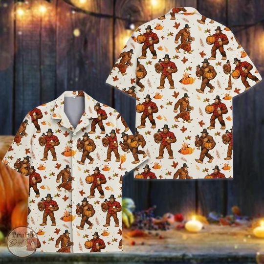 Discover Bigfoot Thanksgiving Hawaiian Shirt, Funny Turkey Sasquatch Button-Up