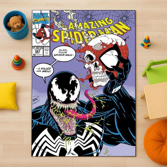 Spiderman rug, venom carpet, marvel comic mat, superhero room decor, retro comic rug, gamer rug, boys bedroom rug, skull art carpet