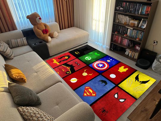 Discover Superhero Cartoon Rug for Kids or Living Room  Bold Color Block Area Rug with Comic Icons  Cozy Soft Gift Idea for Hero Fans and Decor