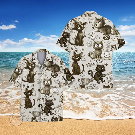 Discover Black Cats Hawaiian Shirt, Spooky Halloween Aloha Shirt