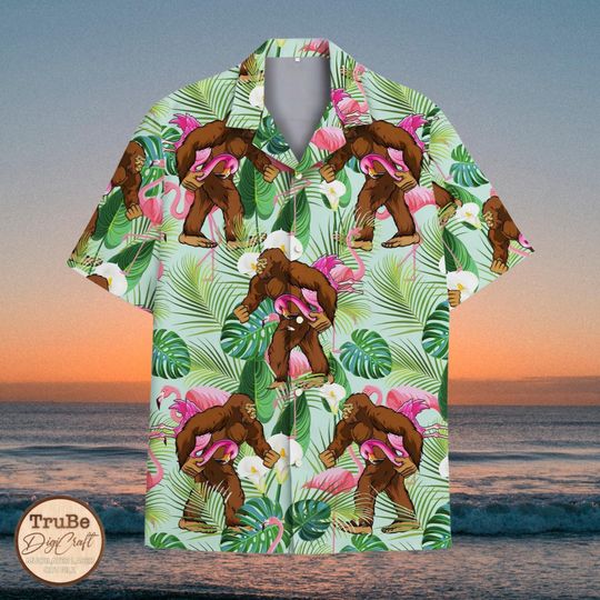 Discover Bigfoot Flamingo Hawaiian Shirt, Tropical Sasquatch Aloha Shirt