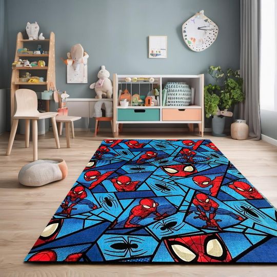 Discover Spider Man Pattern Rug, Kids Superhero Carpet for Playroom, Nursery & Bedroom Decor, Comic Style Area Mat
